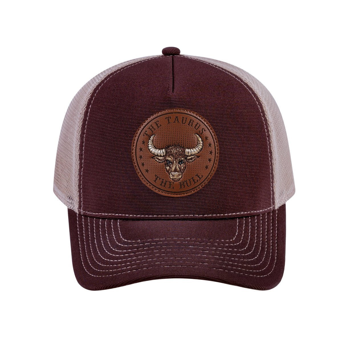 Taurus Zodiac V2 5-Panel Trucker Hat with Dark Brown front and Khaki back