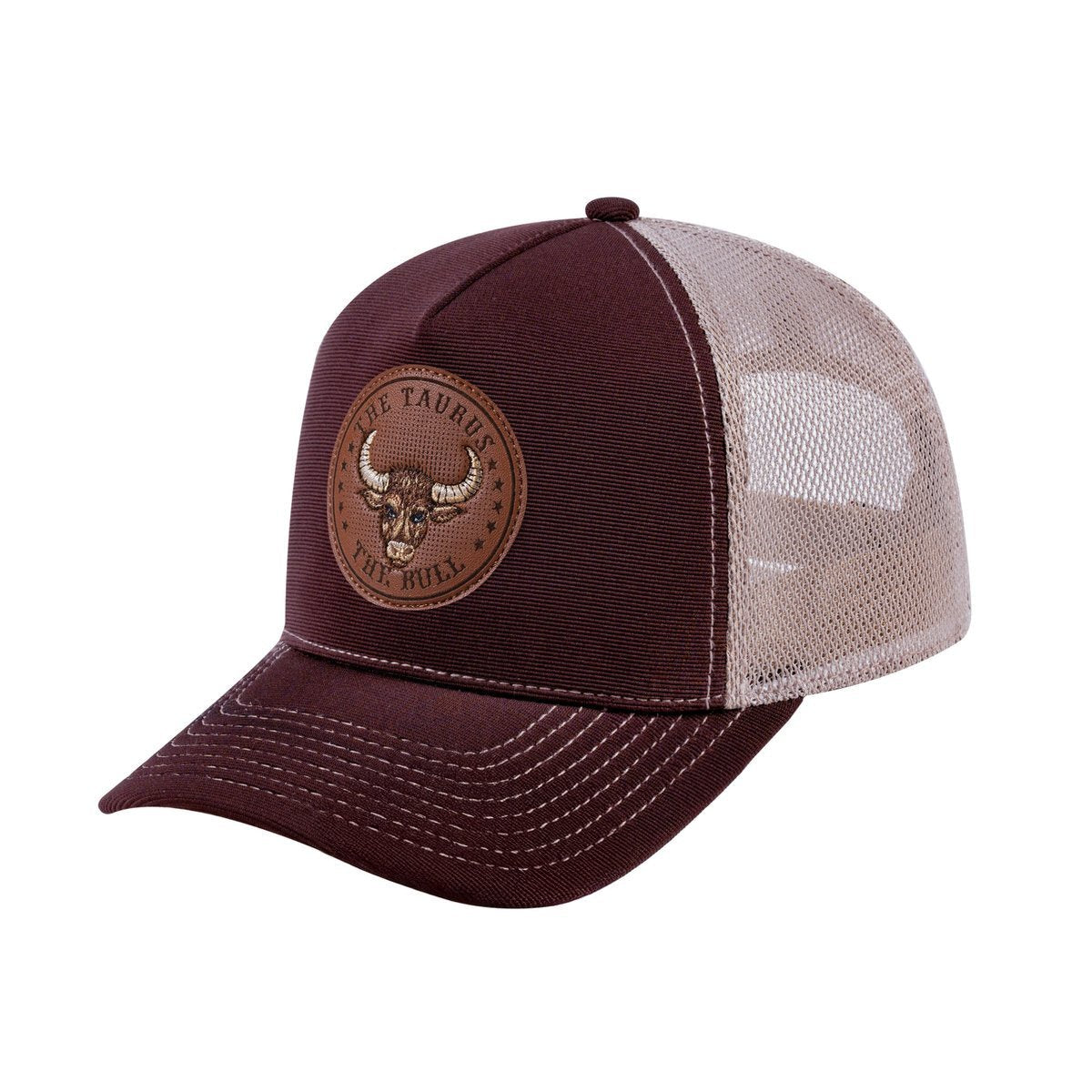 Taurus Zodiac V2 5-Panel Trucker Hat with Dark Brown front and Khaki back