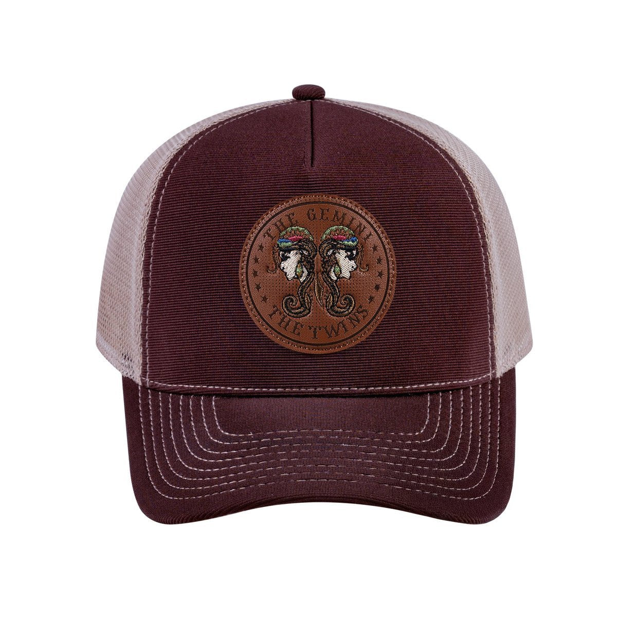 Gemini Zodiac V2 5-Panel Trucker Hat with Dark Brown front and Khaki back