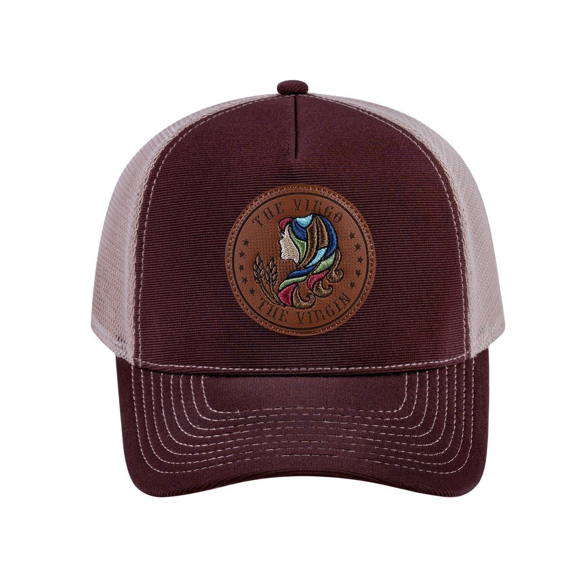 Virgo Zodiac V2 5-Panel Trucker Hat with Dark Brown front and Khaki back