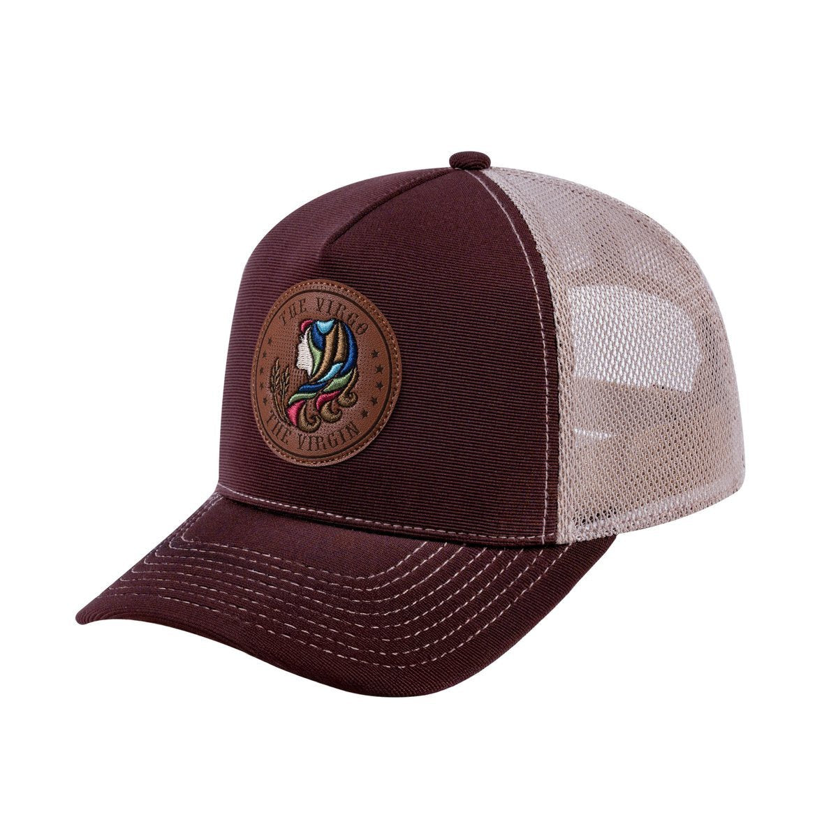 Virgo Zodiac V2 5-Panel Trucker Hat with Dark Brown front and Khaki back