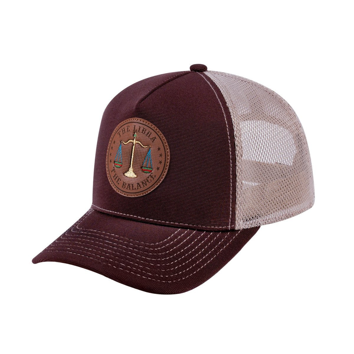 Libra Zodiac V2 5-Panel Trucker Hat with Dark Brown front and Khaki back