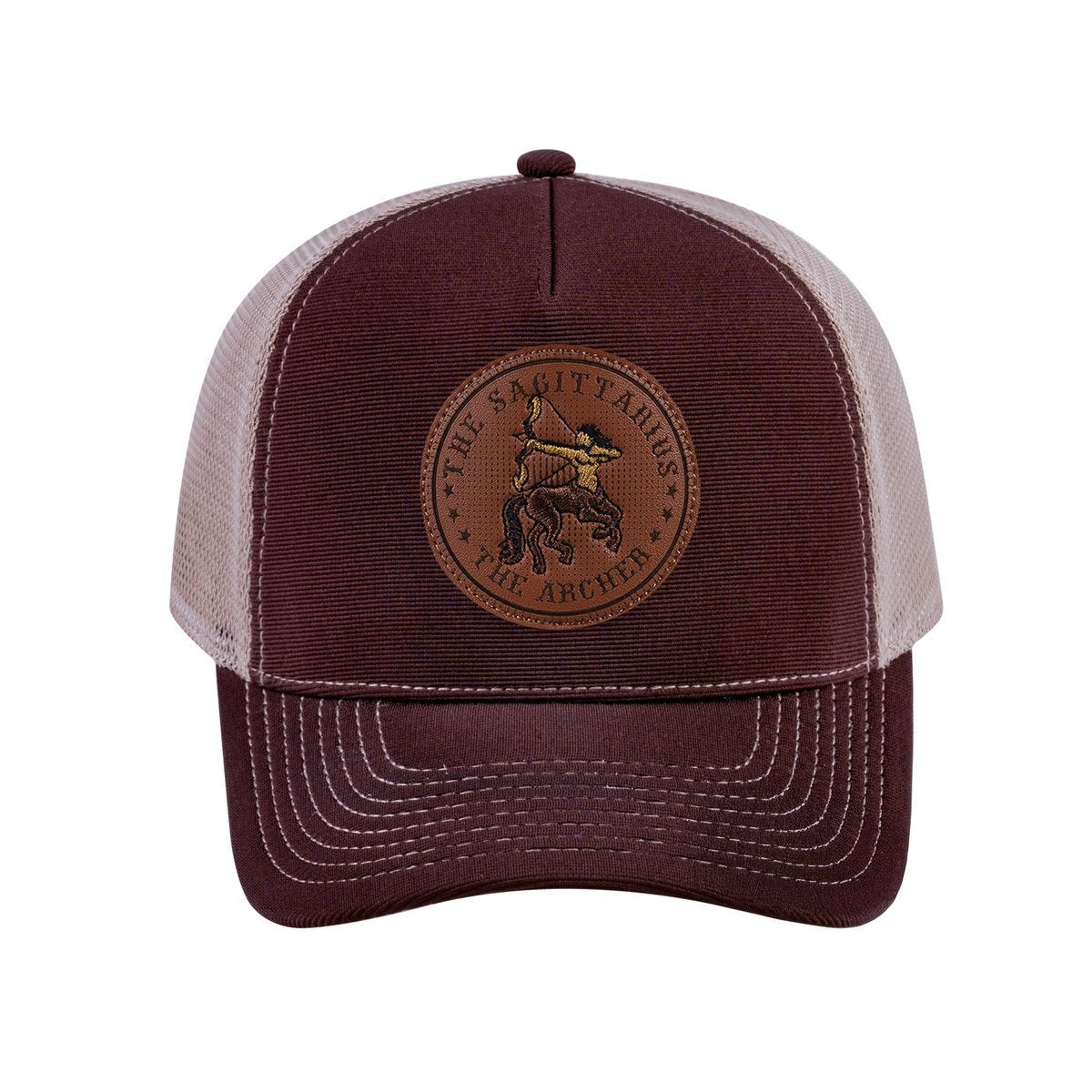 Sagittarius Zodiac V2 5-Panel Trucker Hat with Dark Brown front and Khaki back