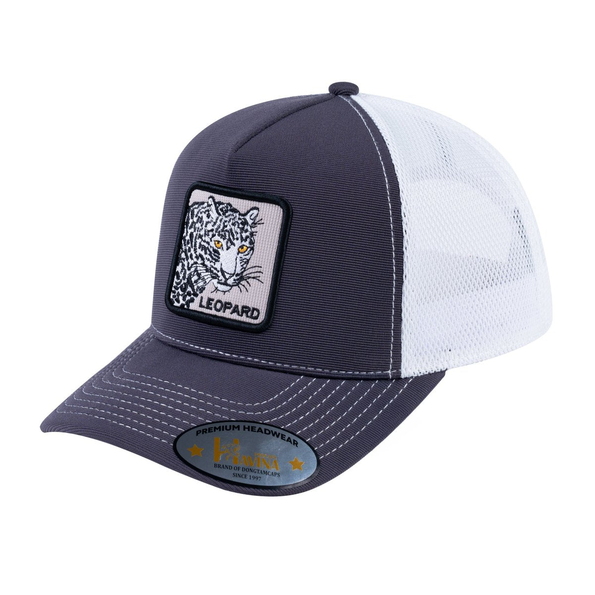 Leopard V2 5-Panel Trucker Hat with Dark Grey front and White back