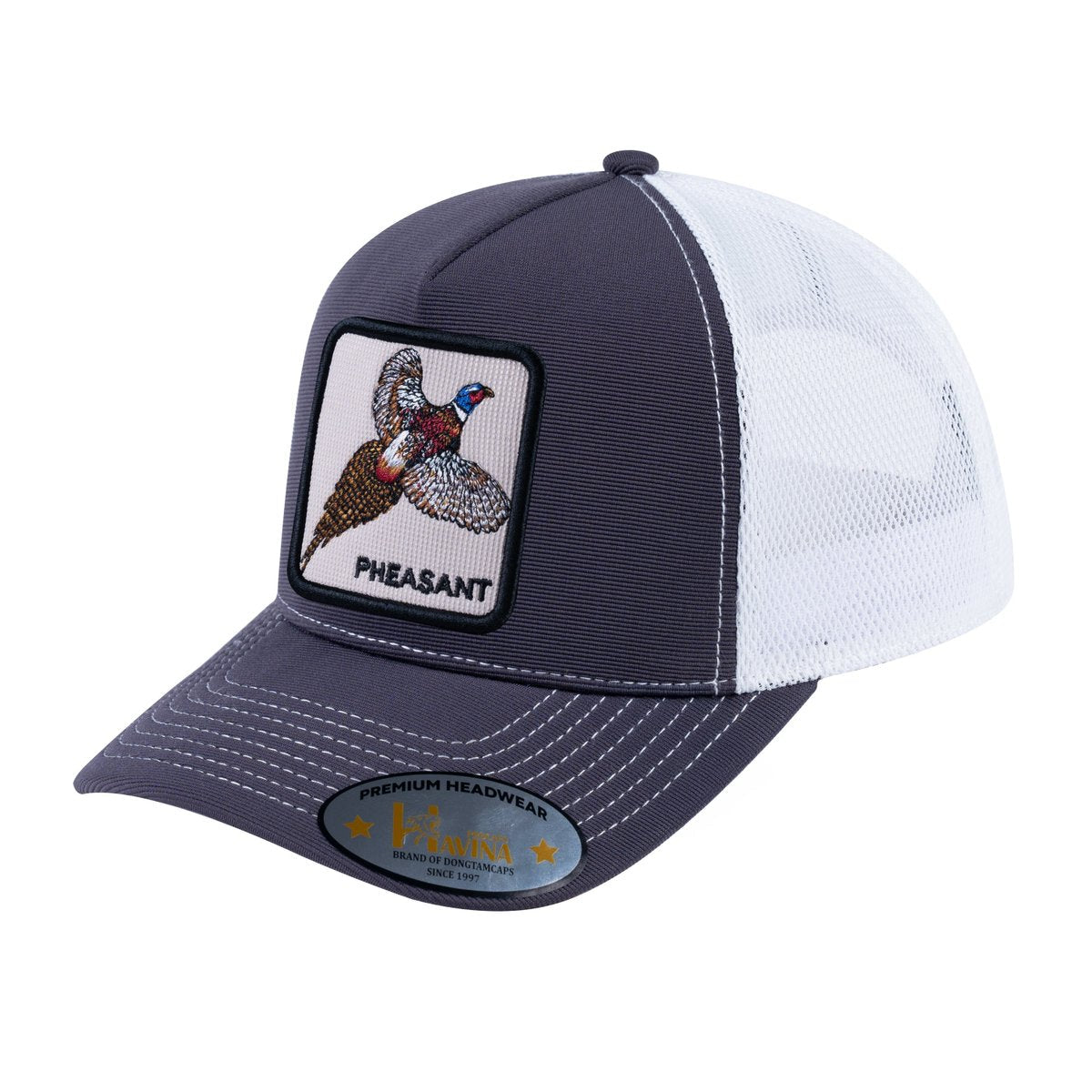 Pheasant V2 5-Panel Trucker Hat with Dark Grey front and White back