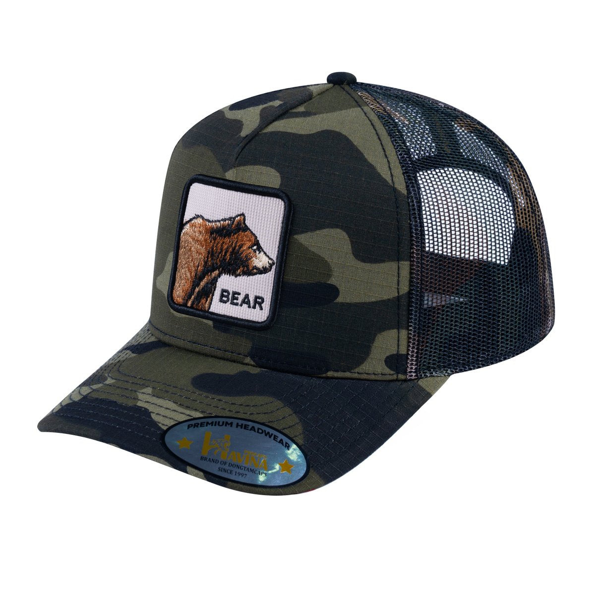 Bear V2 5-Panel Trucker Hat with Green Camo front and Green Camo back