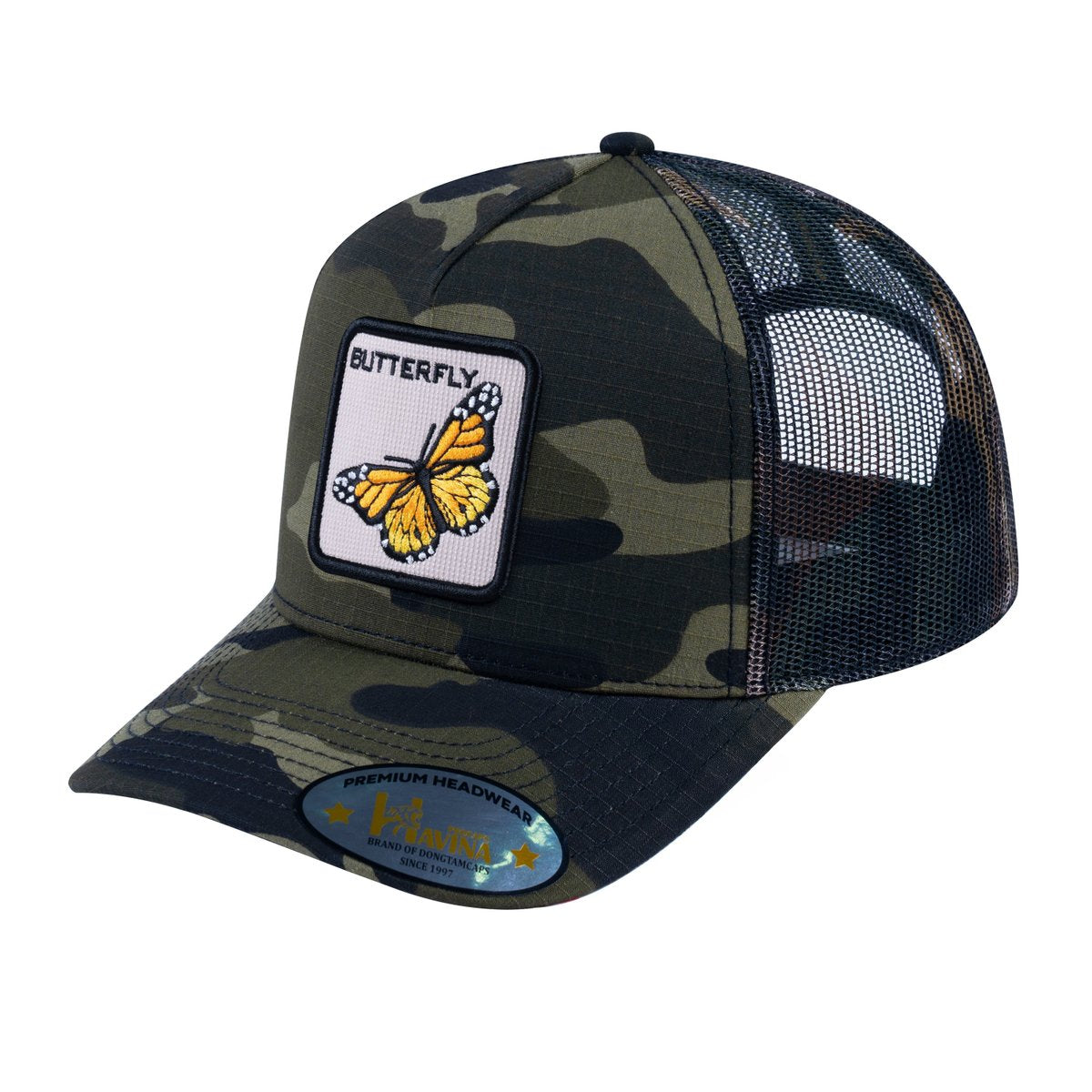 Butterfly V2 5-Panel Trucker Hat with Green Camo front and Green Camo back