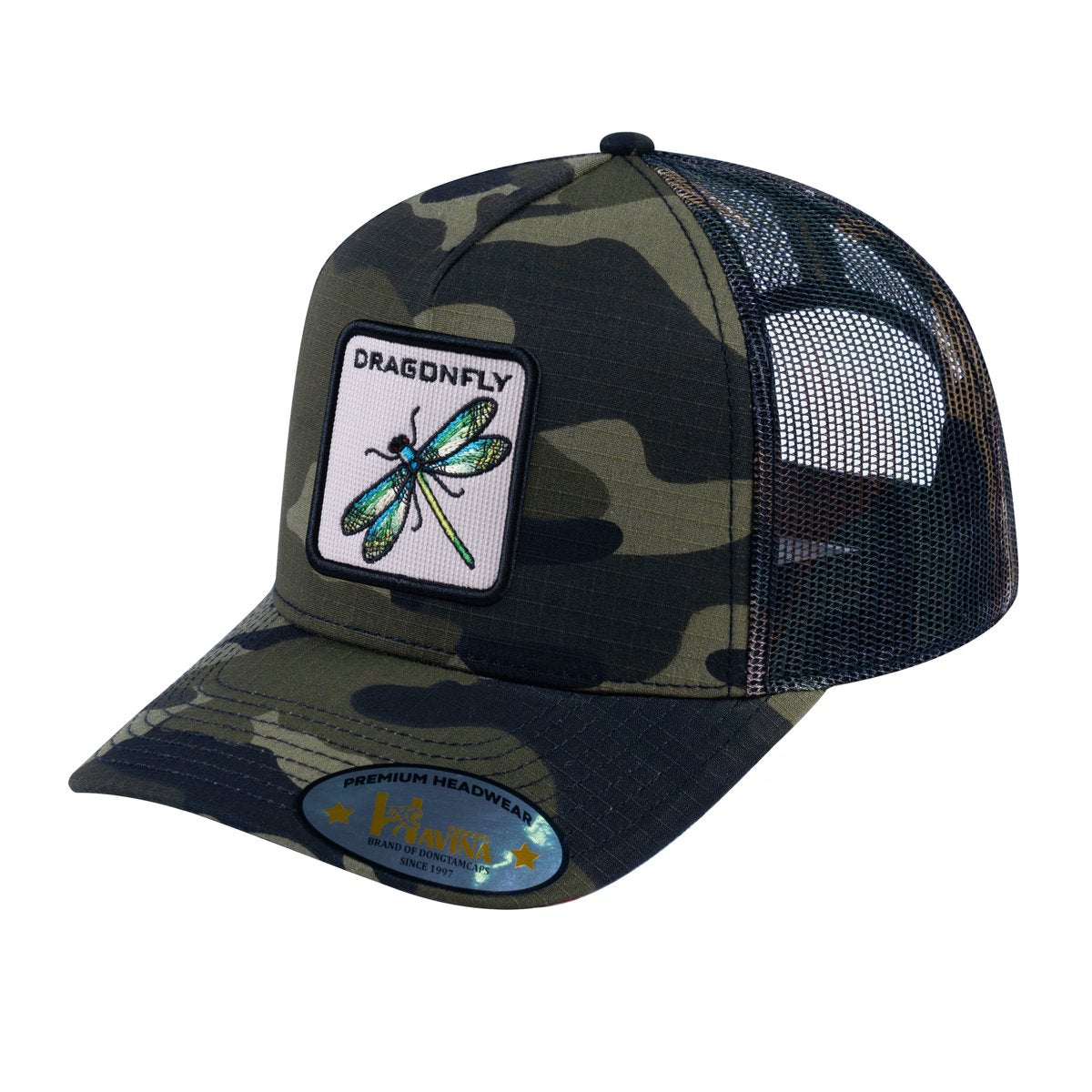 Dragonfly V2 5-Panel Trucker Hat with Green Camo front and Green Camo back