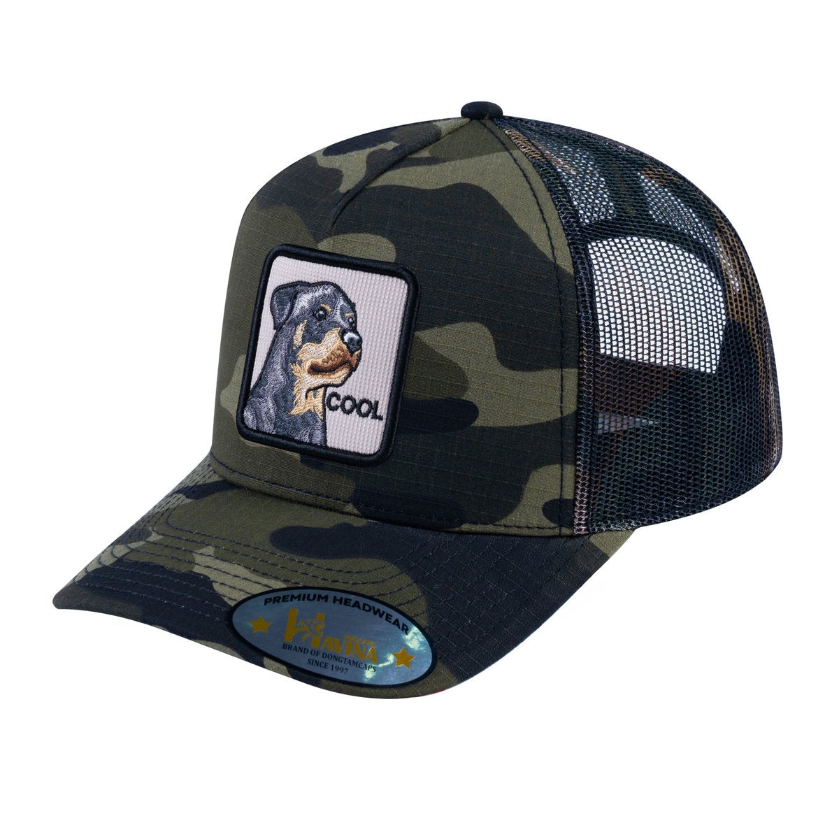 Dog V2 5-Panel Trucker Hat with Green Camo front and Green Camo back