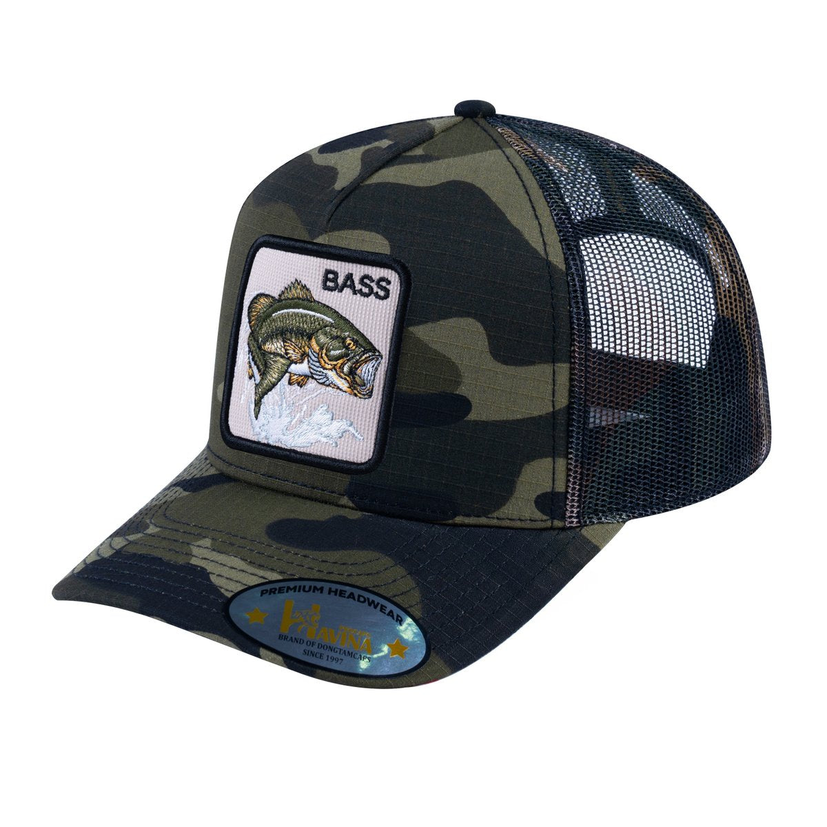 Bass V2 5-Panel Trucker Hat with Green Camo front and Green Camo back
