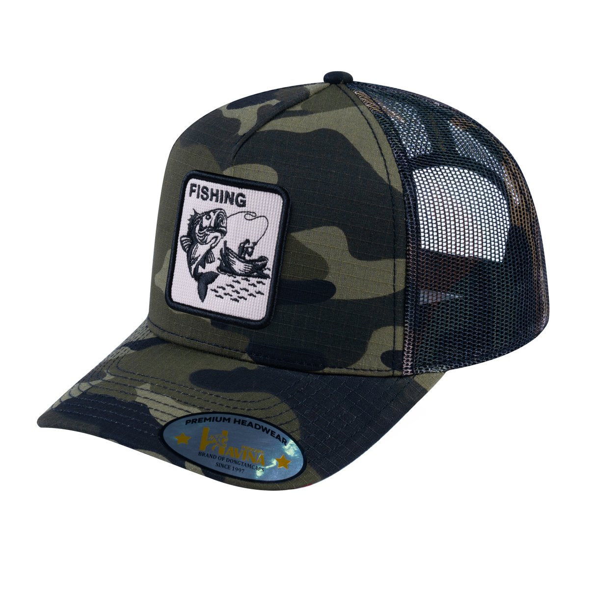Fishing V2 5-Panel Trucker Hat with Green Camo front and Green Camo back