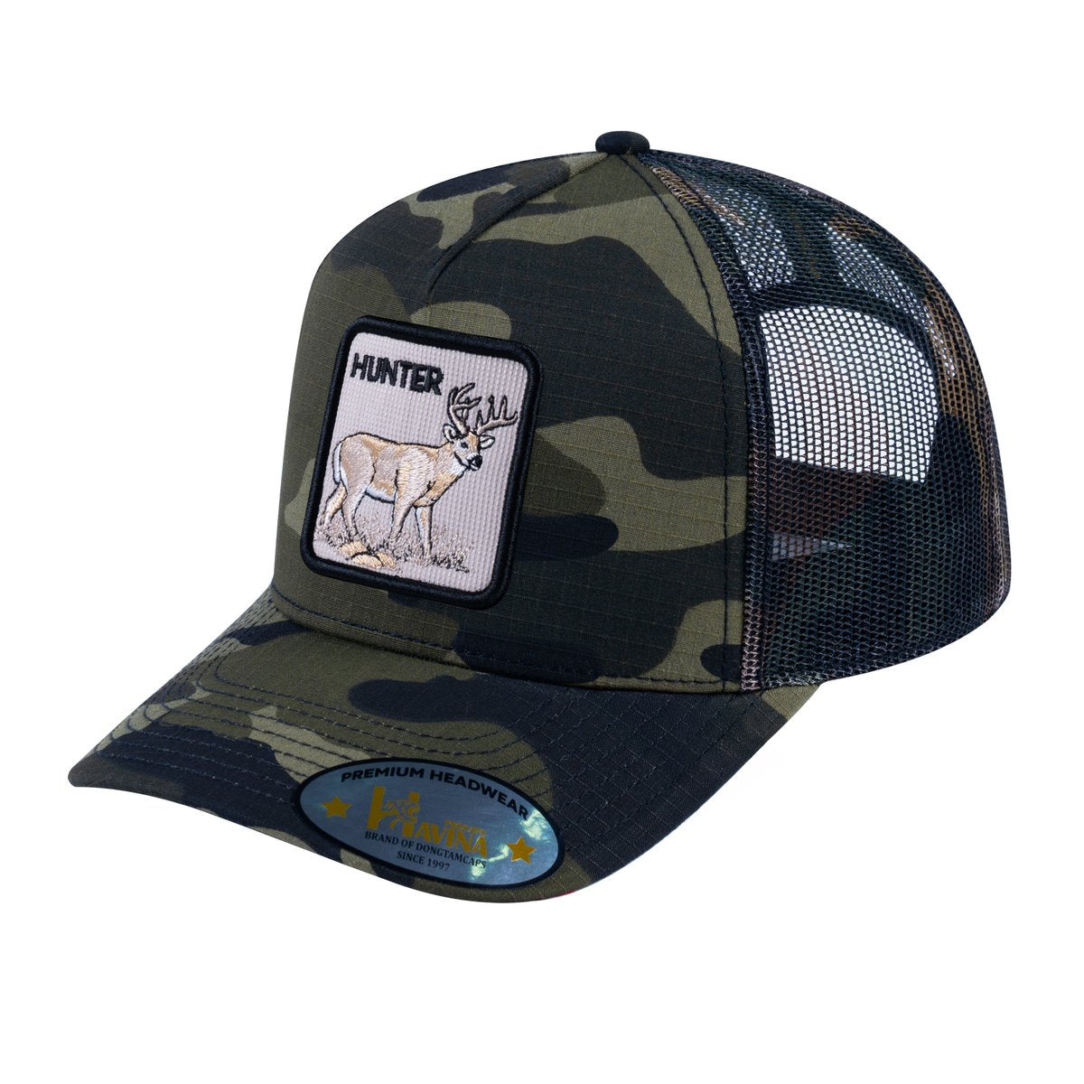 Hunter V2 5-Panel Trucker Hat with Green Camo front and Green Camo back