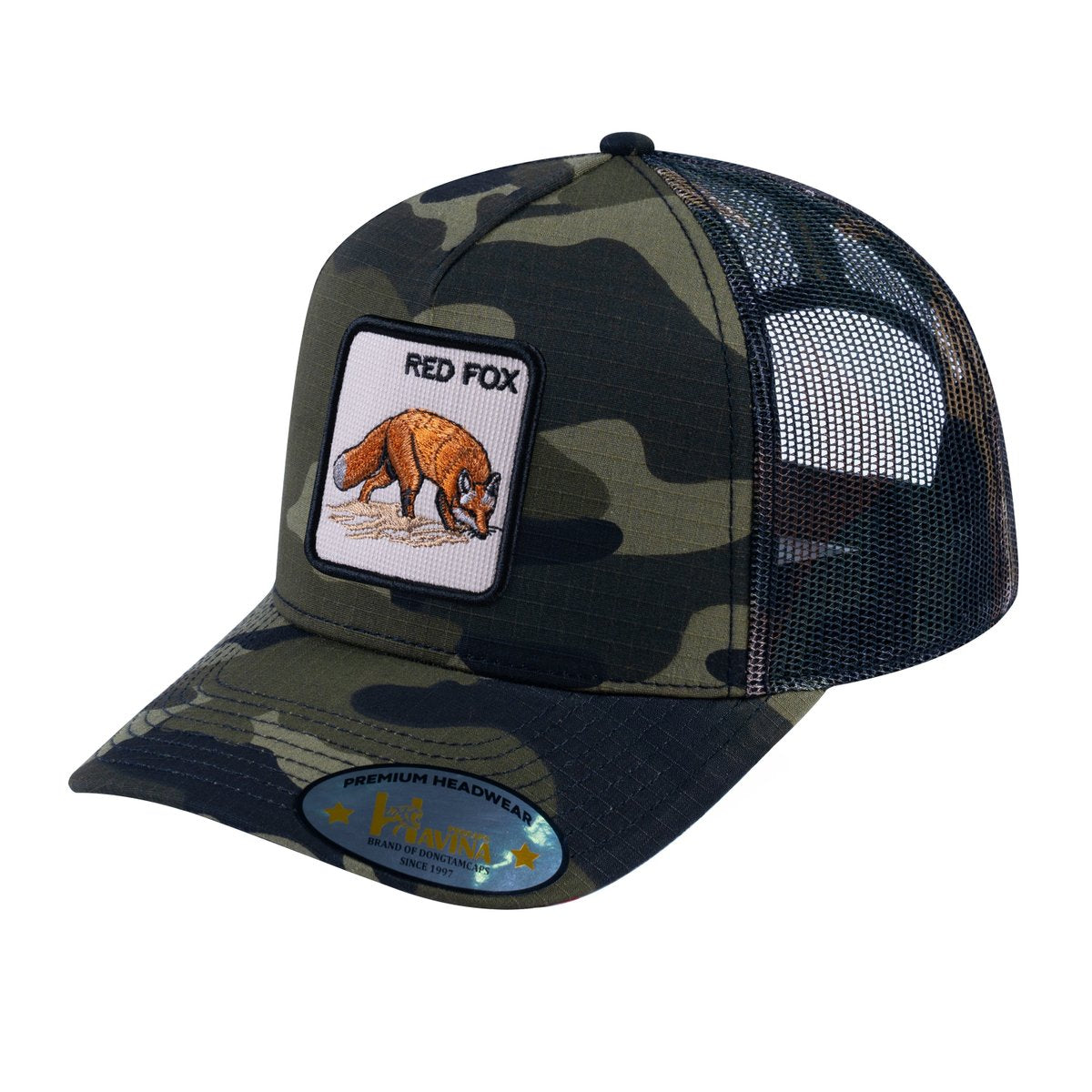 Red Fox V2 5-Panel Trucker Hat with Green Camo front and Green Camo back