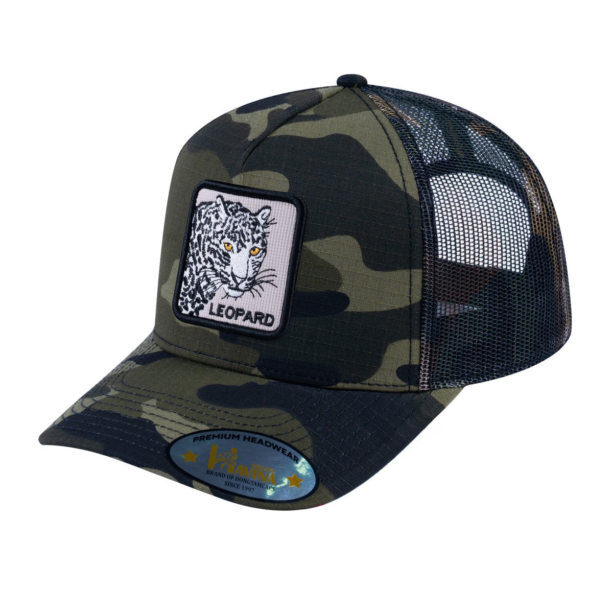 Leopard V2 5-Panel Trucker Hat with Green Camo front and Green Camo back