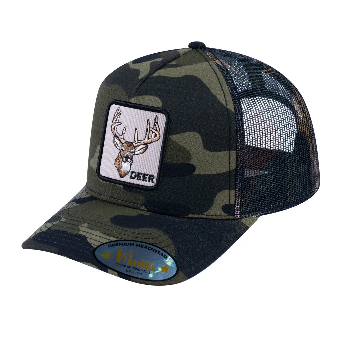 Deer V2 5-Panel Trucker Hat with Green Camo front and Green Camo back