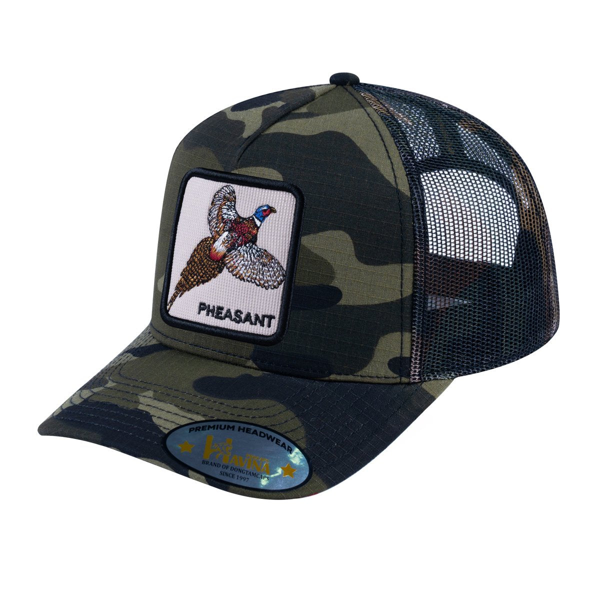 Pheasant V2 5-Panel Trucker Hat with Green Camo front and Green Camo back