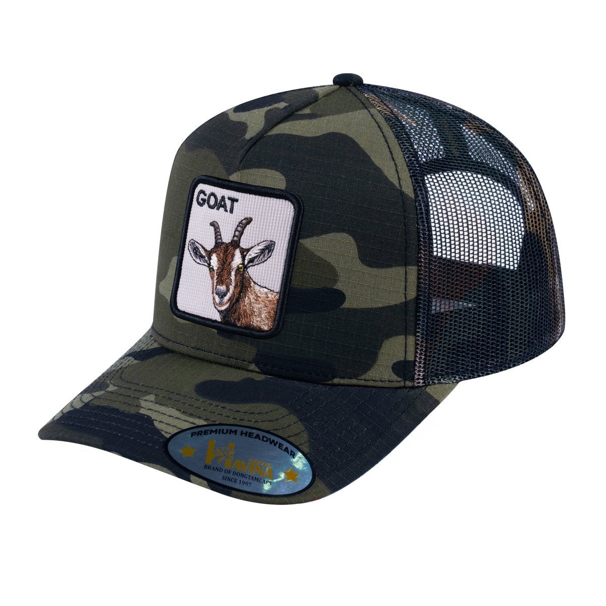 Goat V2 5-Panel Trucker Hat with Green Camo front and Green Camo back