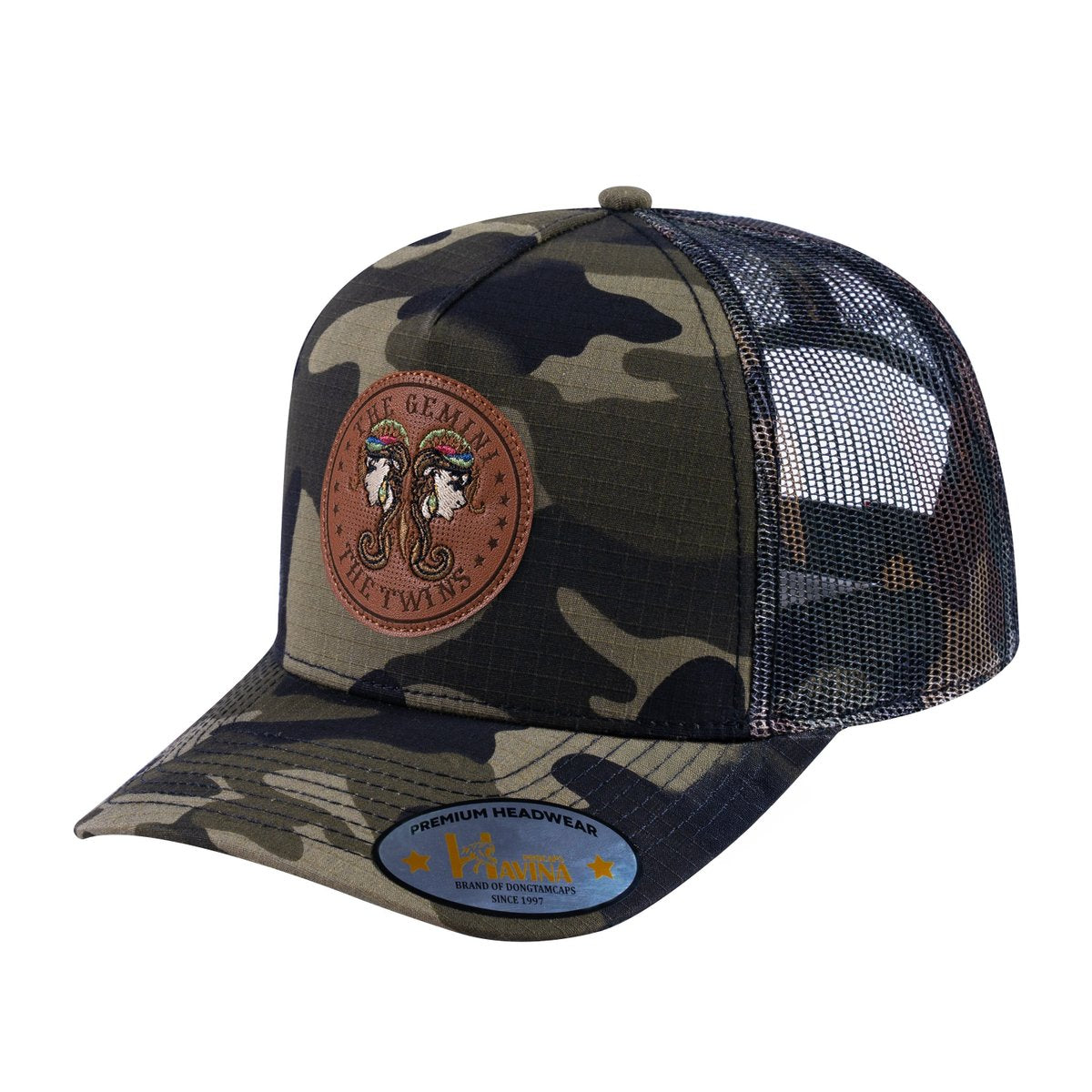 Gemini Zodiac V2 5-Panel Trucker Hat with Green Camo front and Green Camo back