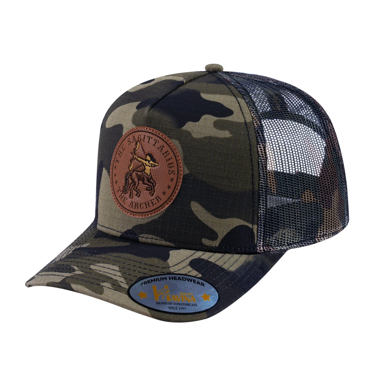 Sagittarius Zodiac V2 5-Panel Trucker Hat with Green Camo front and Green Camo back