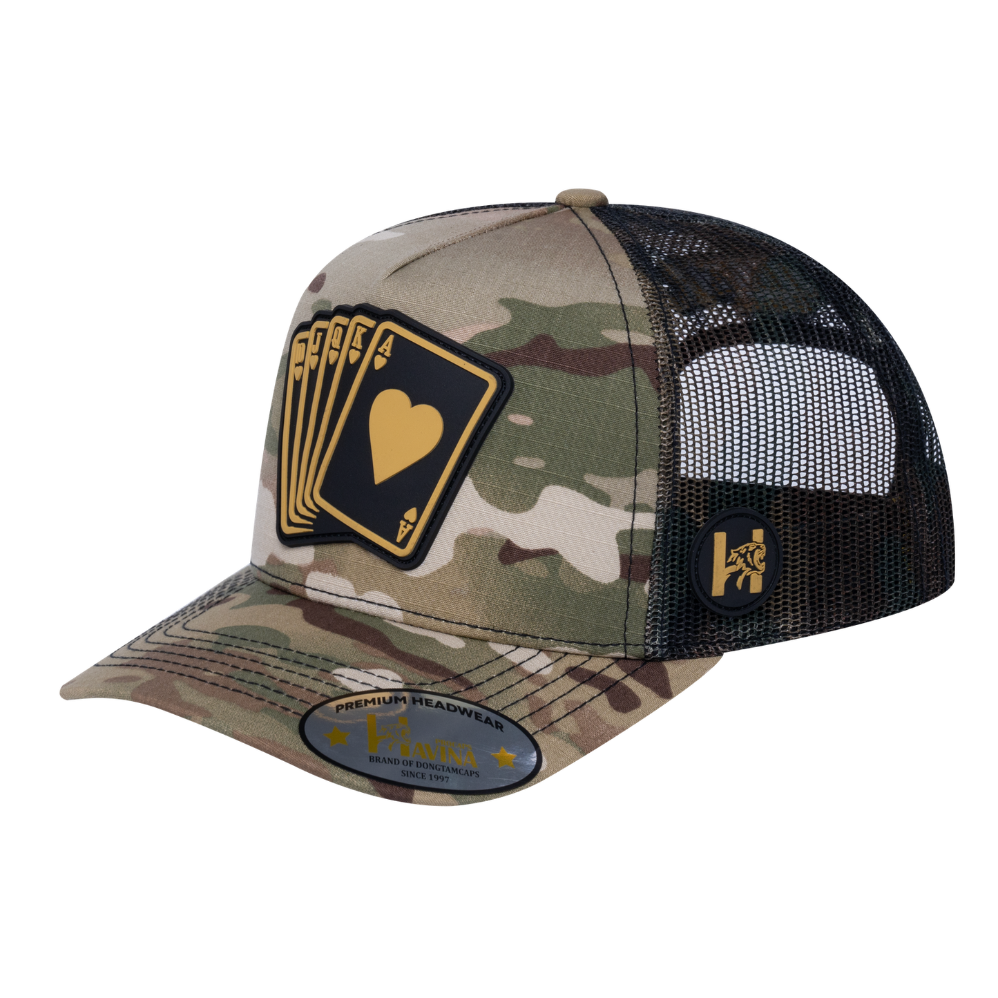 Poker 10JQKA 5-Panel Trucker Hat - Khaki Camo front / Green Camo back / POKER1