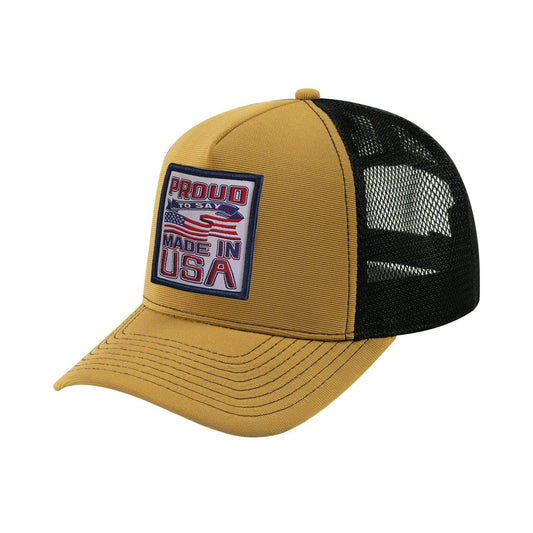 Unisex Embroidered Proud To Say Made In Usa, 6-Panel Trucker Hat, Light Brown/Black, Adjustable Fit