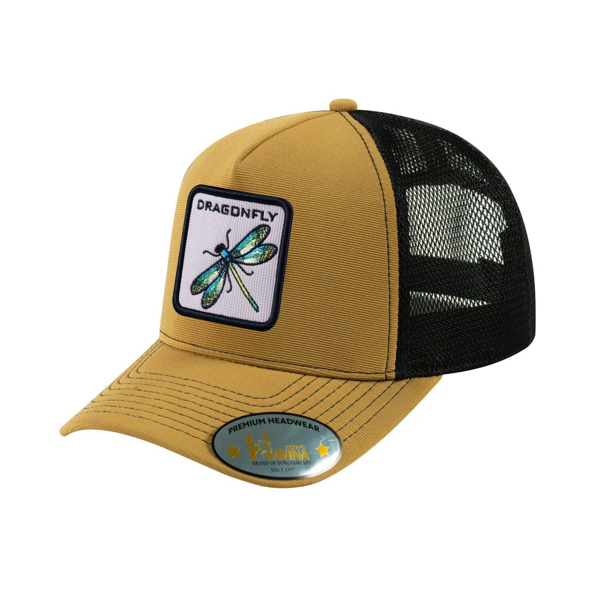 Dragonfly V2 5-Panel Trucker Hat with Light Brown front and Black back