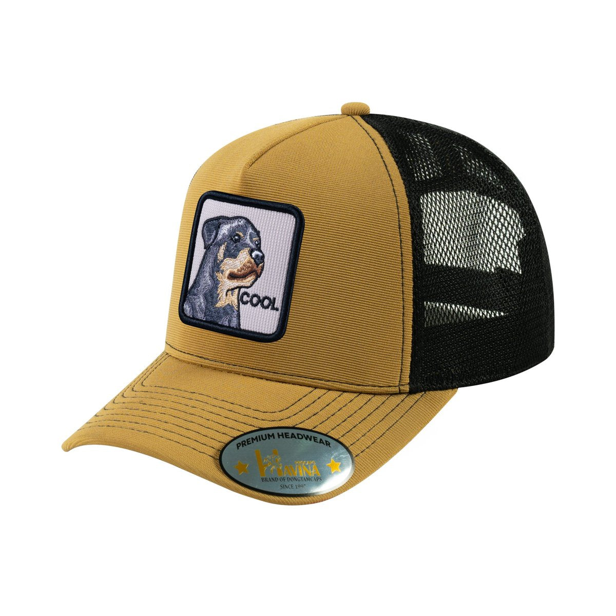 Dog V2 5-Panel Trucker Hat with Light Brown front and Black back
