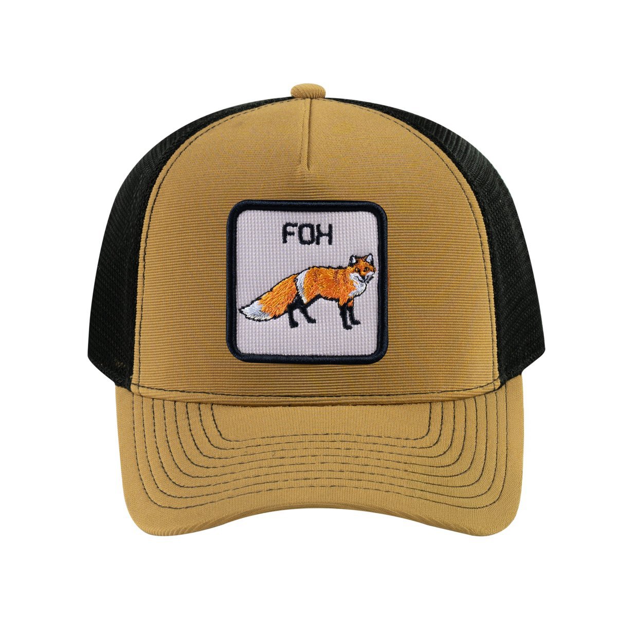 Fox V2 5-Panel Trucker Hat with Light Brown front and Black back