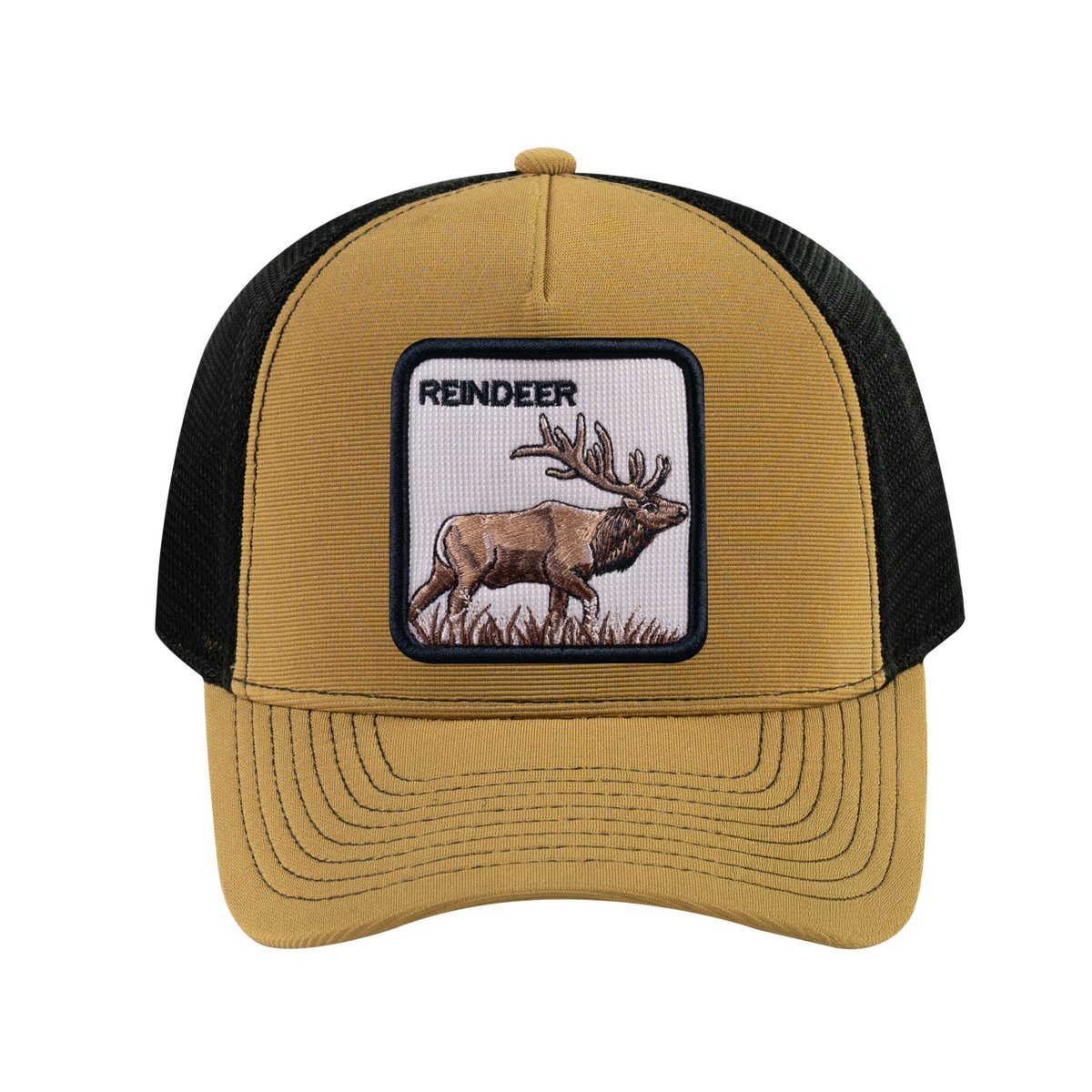 Reindeer V2 5-Panel Trucker Hat with Light Brown front and Black back