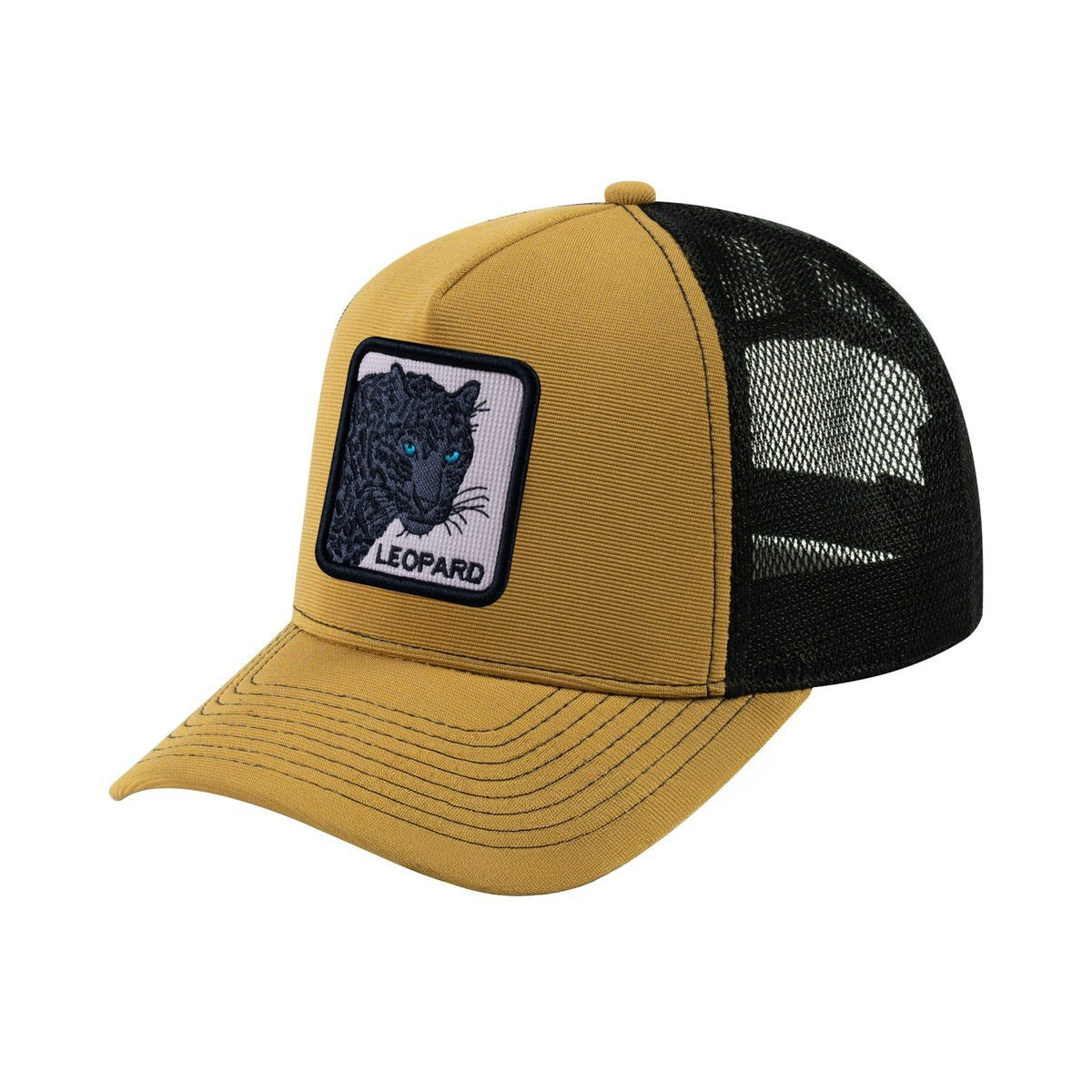 Leopard V2 5-Panel Trucker Hat with Light Brown front and Black back