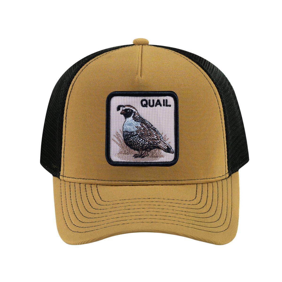 Quail V2 5-Panel Trucker Hat with Light Brown front and Black back