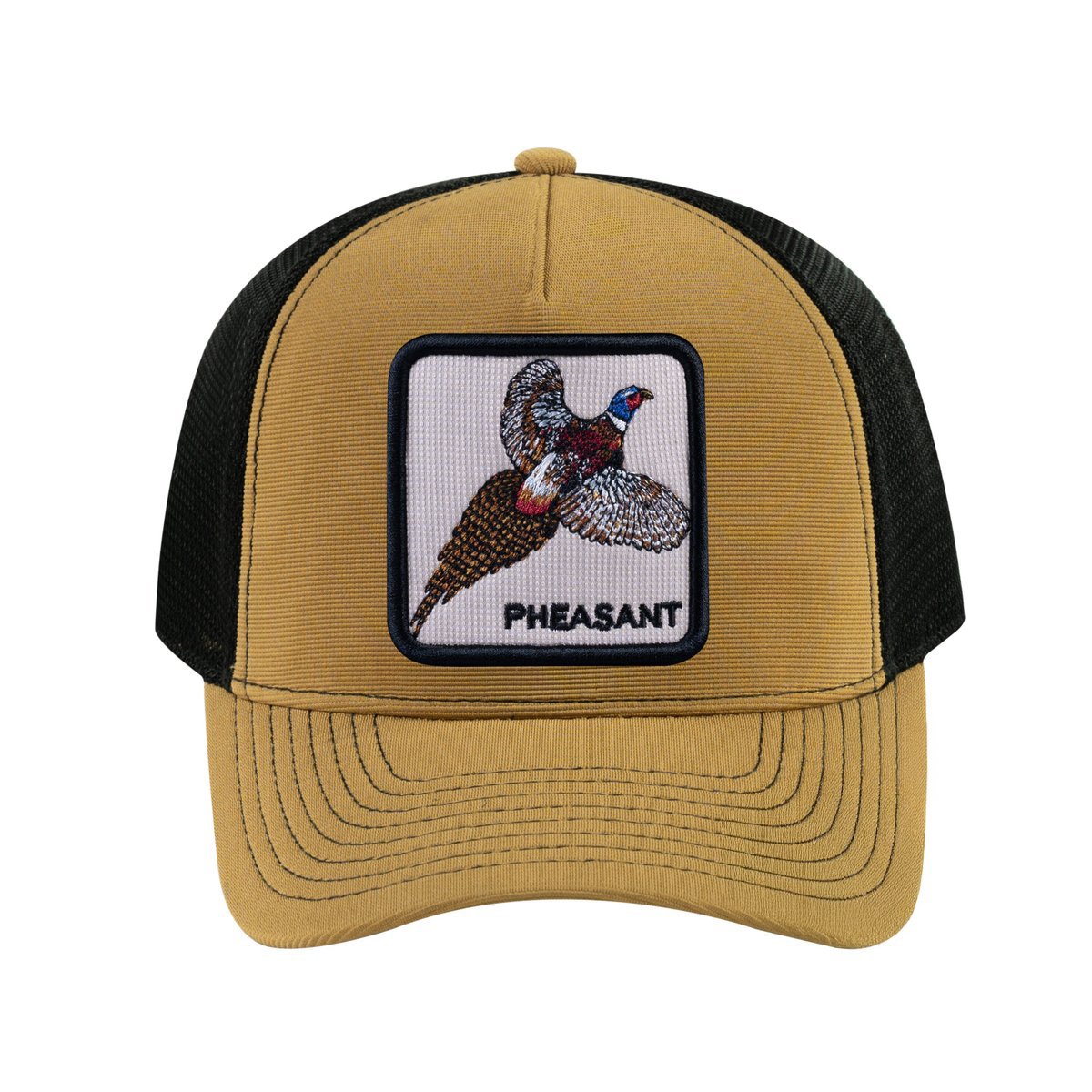 Pheasant V2 5-Panel Trucker Hat with Light Brown front and Black back