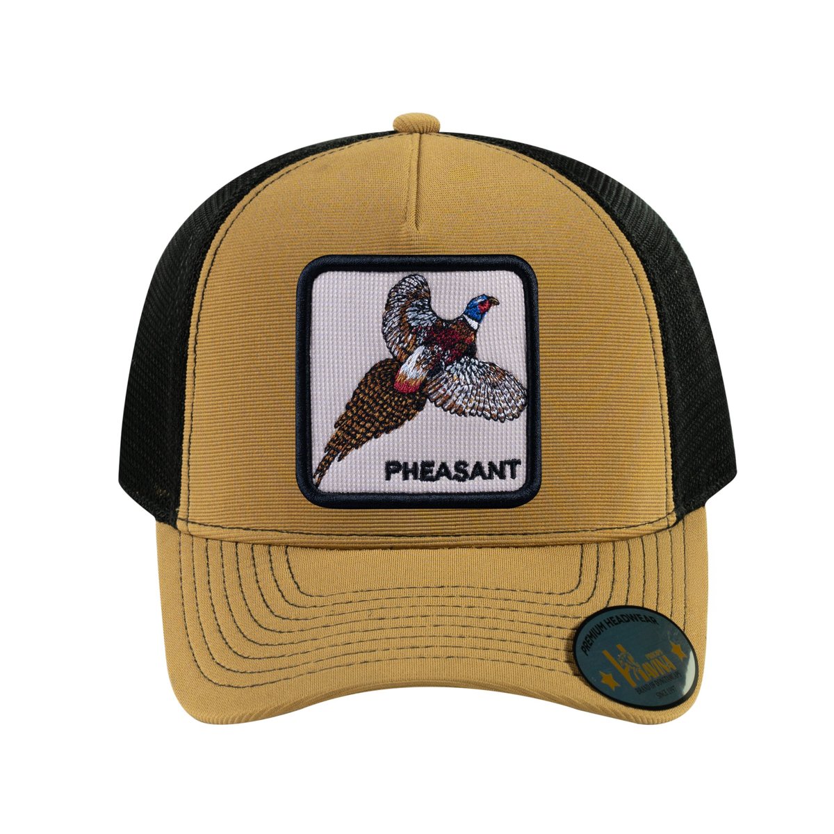 Pheasant V2 5-Panel Trucker Hat with Light Brown front and Black back