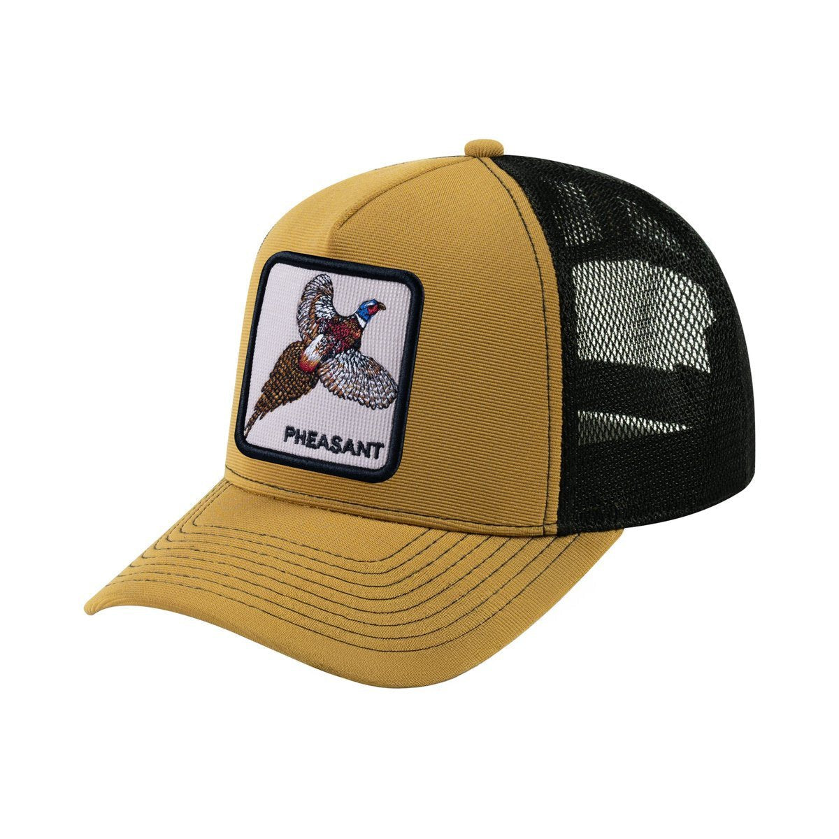 Pheasant V2 5-Panel Trucker Hat with Light Brown front and Black back