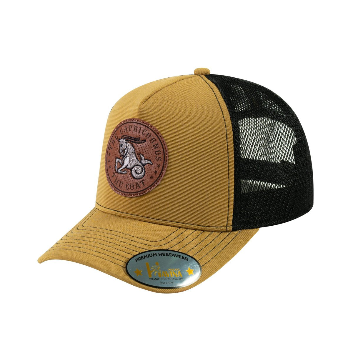 Capricorn Zodiac V2 5-Panel Trucker Hat with Light Brown front and Black back