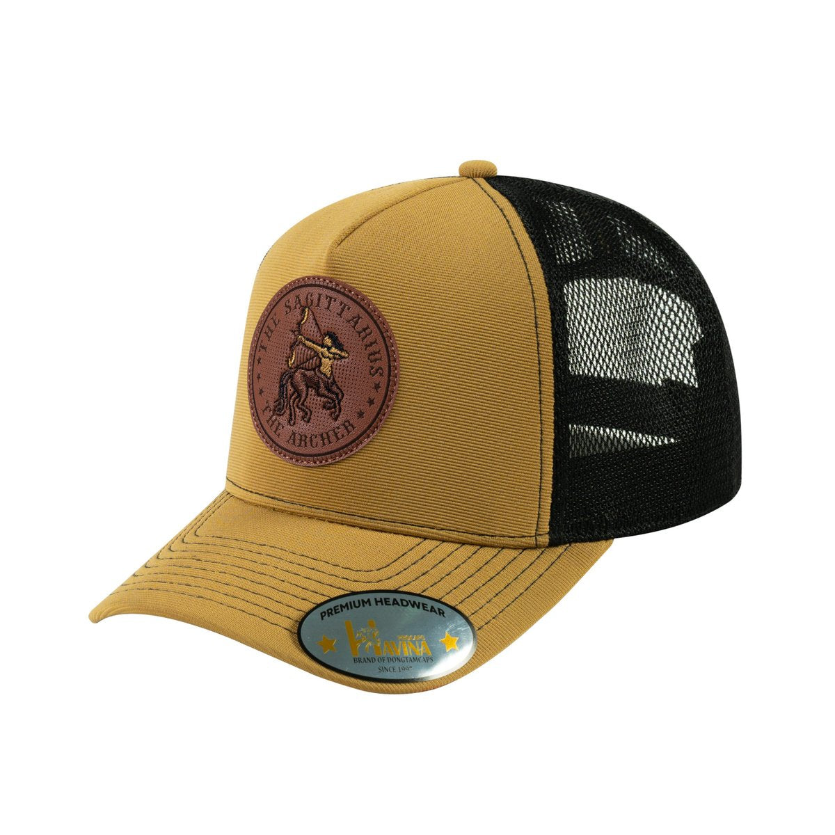 Sagittarius Zodiac V2 5-Panel Trucker Hat with Light Brown front and Black back