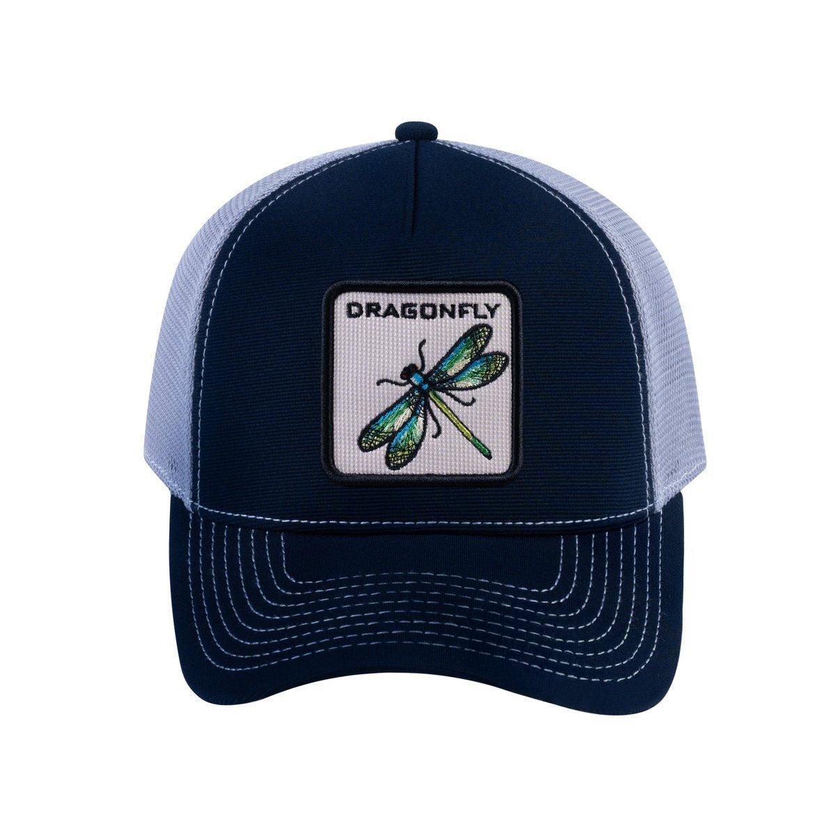 Dragonfly V2 5-Panel Trucker Hat with Navy front and Light Grey back