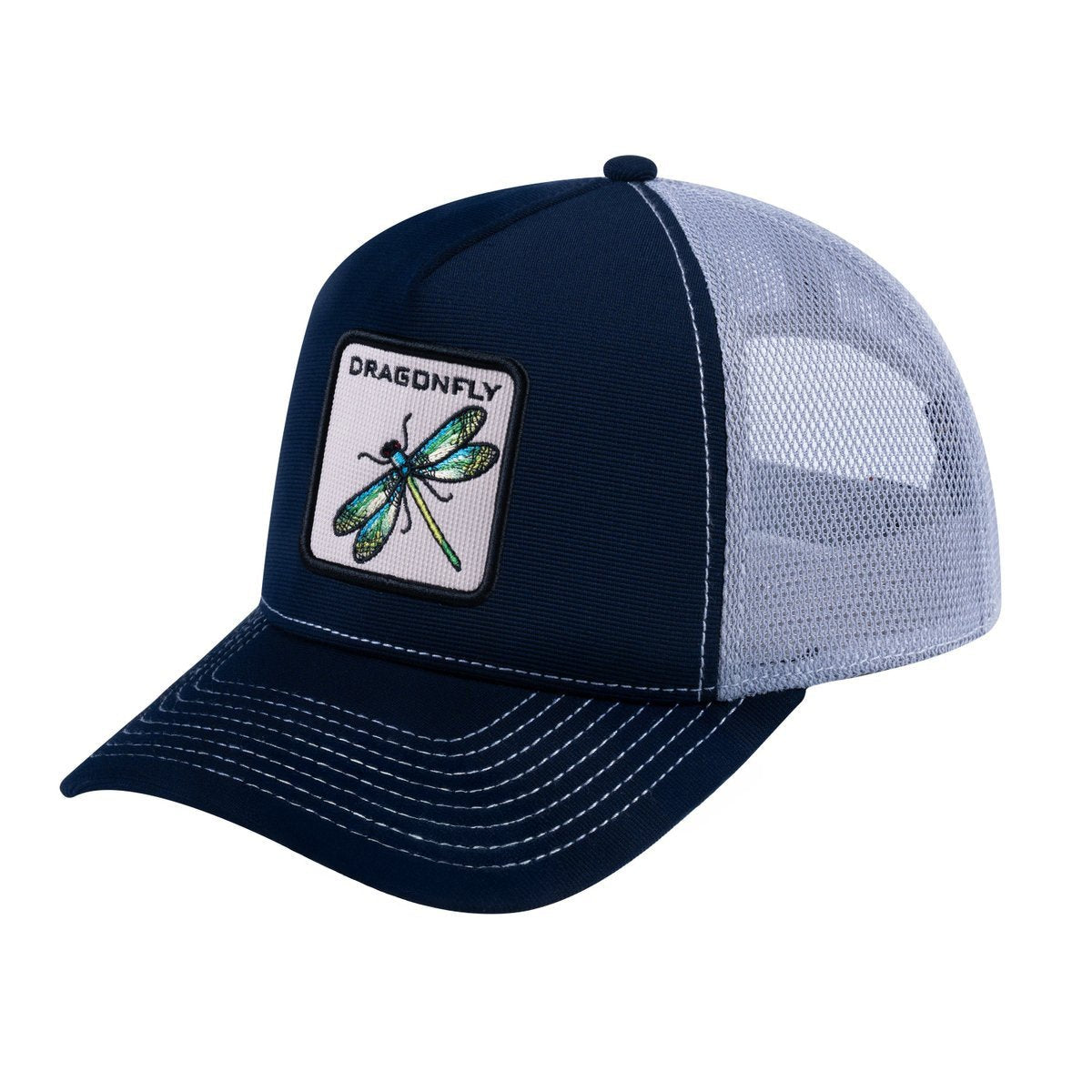 Dragonfly V2 5-Panel Trucker Hat with Navy front and Light Grey back