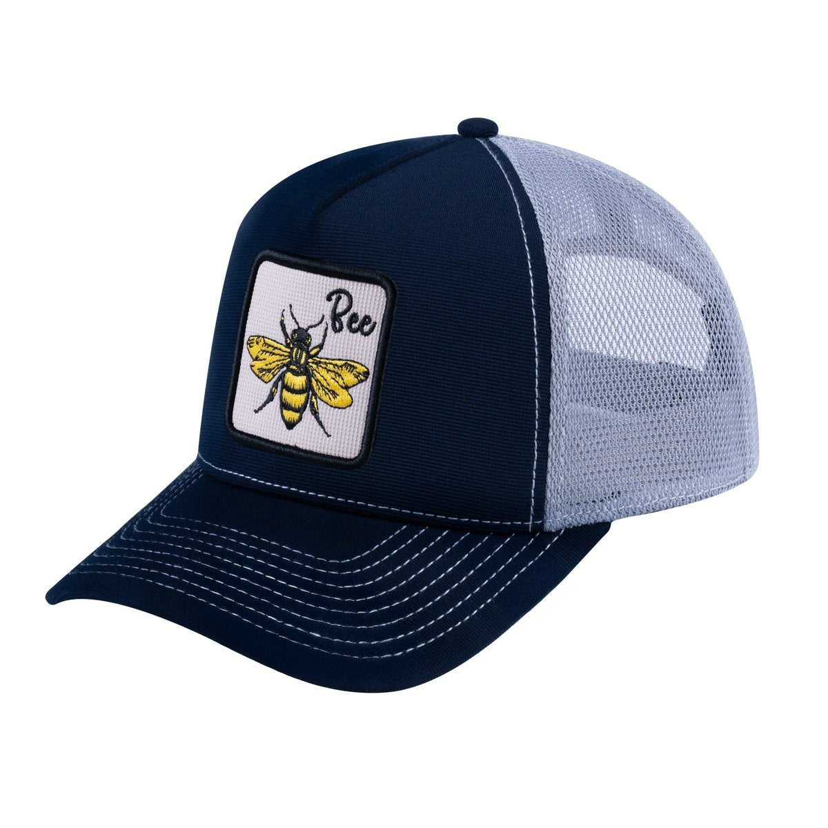 Bee V2 5-Panel Trucker Hat with Navy front and Light Grey back