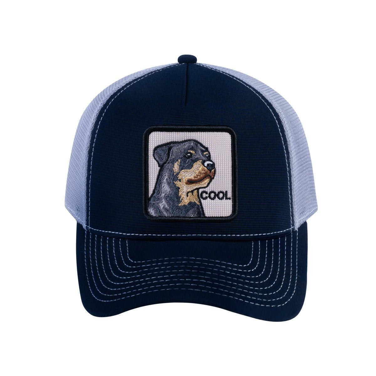 Dog V2 5-Panel Trucker Hat with Navy front and Light Grey back