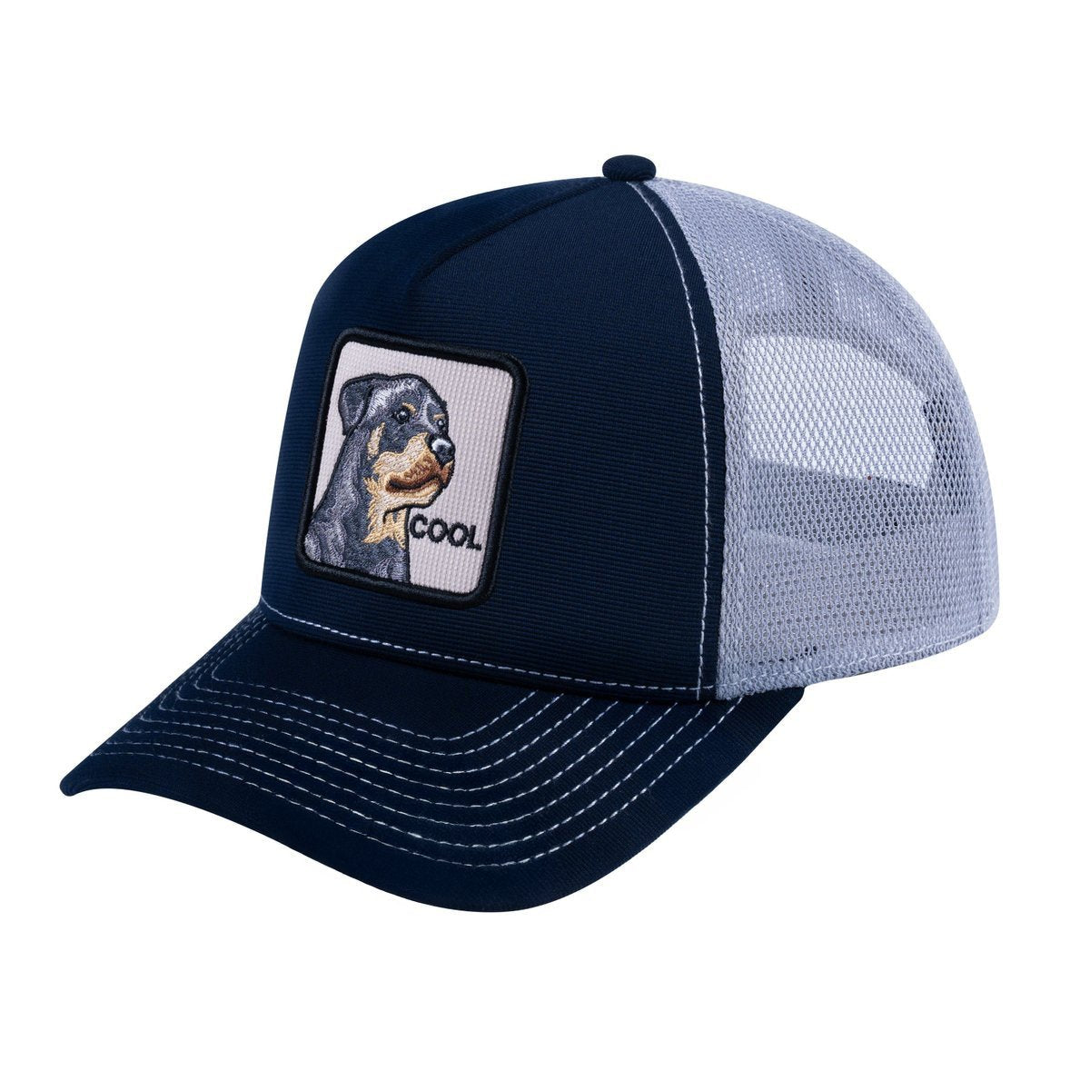 Dog V2 5-Panel Trucker Hat with Navy front and Light Grey back