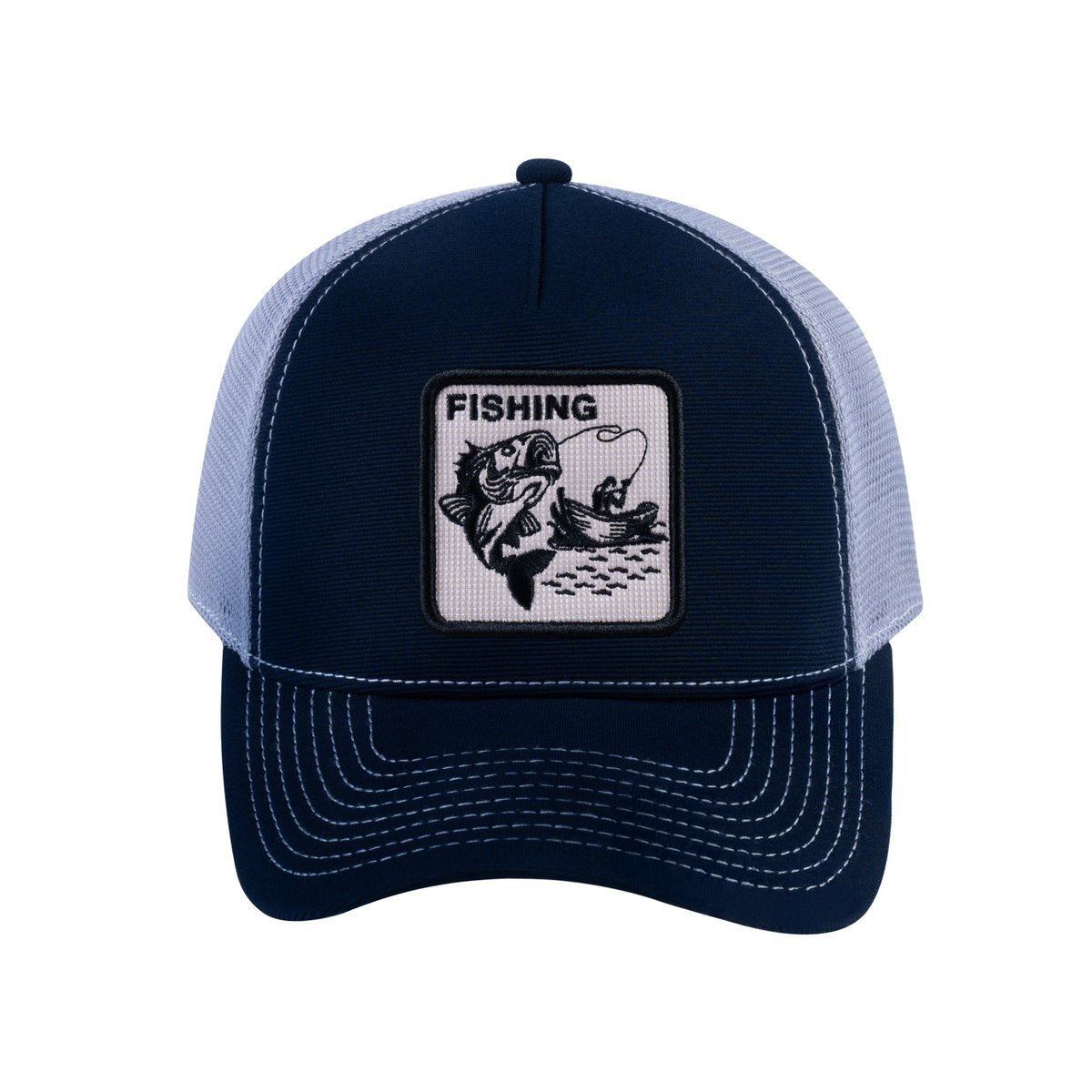 Fishing V2 5-Panel Trucker Hat with Navy front and Light Grey back