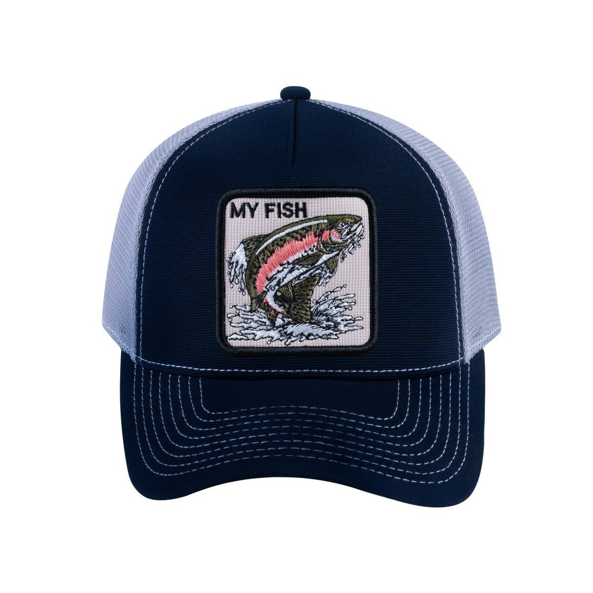 Salmon V2 5-Panel Trucker Hat with Navy front and Light Grey back