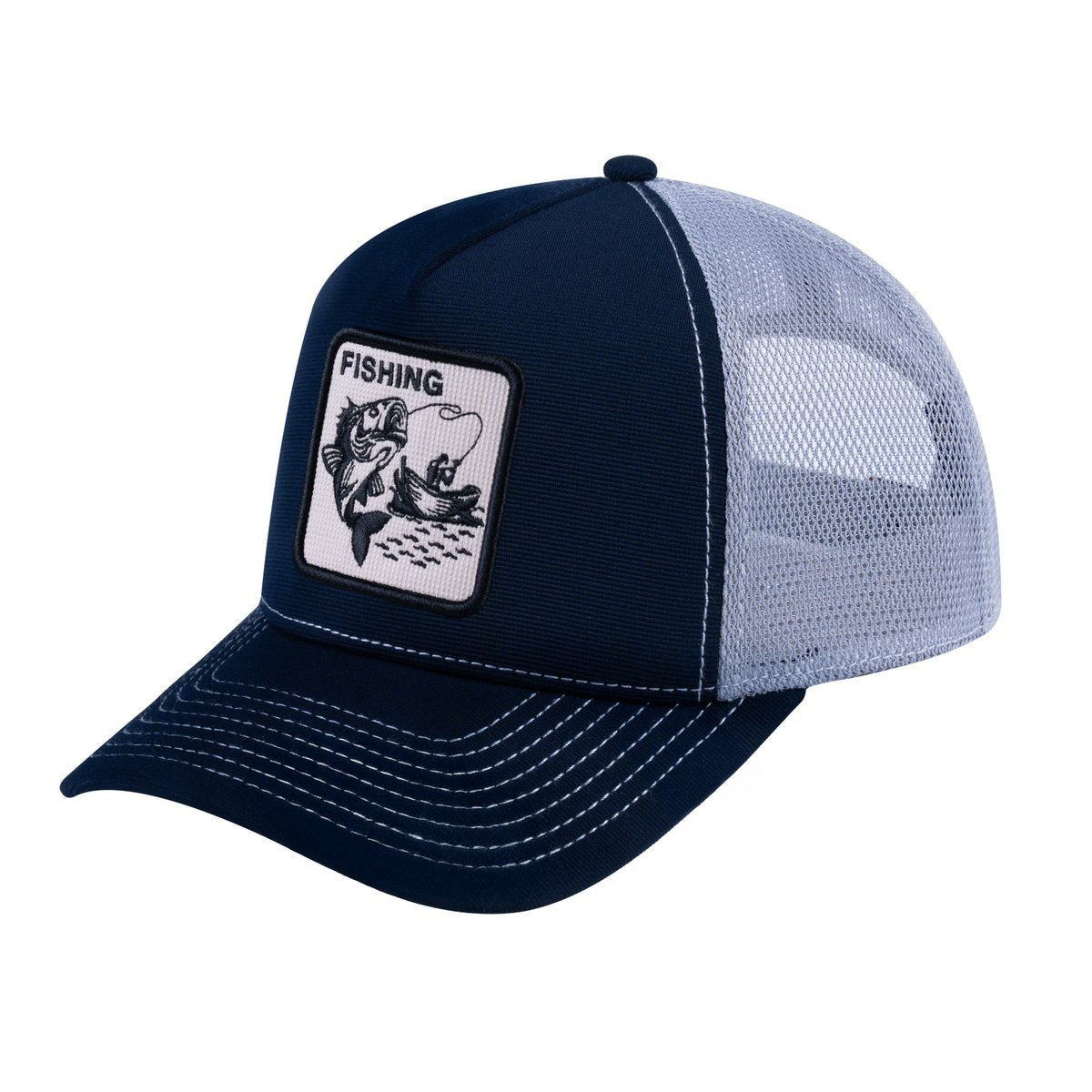 Salmon V2 5-Panel Trucker Hat with Navy front and Light Grey back