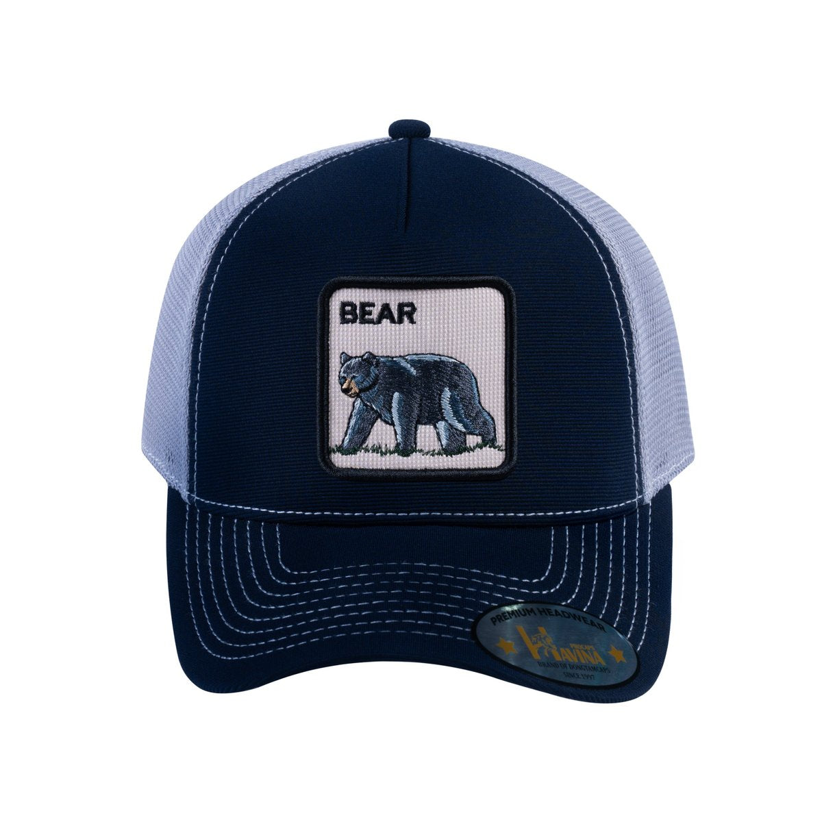 Bear V2 5-Panel Trucker Hat with Navy front and Light Grey back