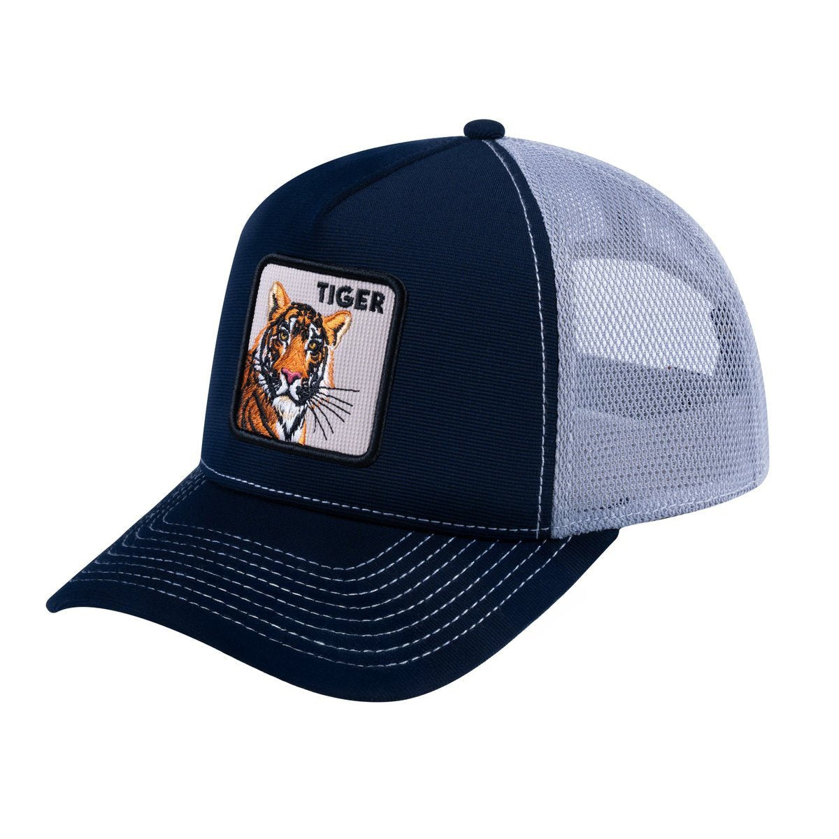 Tiger V2 5-Panel Trucker Hat with Navy front and Light Grey back