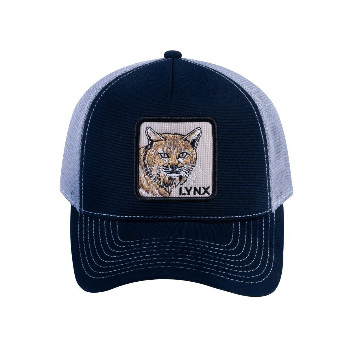 Lynx V2 5-Panel Trucker Hat with Navy front and Light Grey back