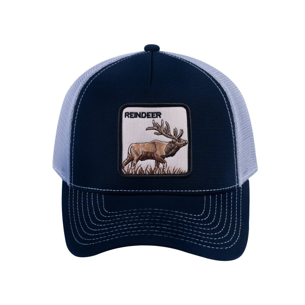 Reindeer V2 5-Panel Trucker Hat with Navy front and Light Grey back