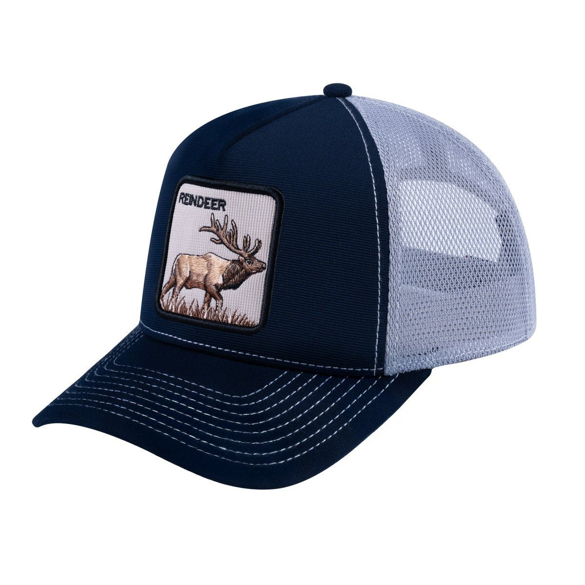 Reindeer V2 5-Panel Trucker Hat with Navy front and Light Grey back