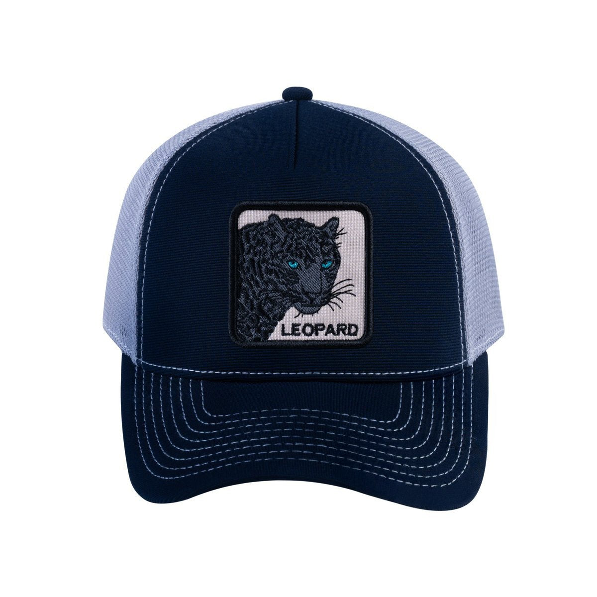 Leopard V2 5-Panel Trucker Hat with Navy front and Light Grey back